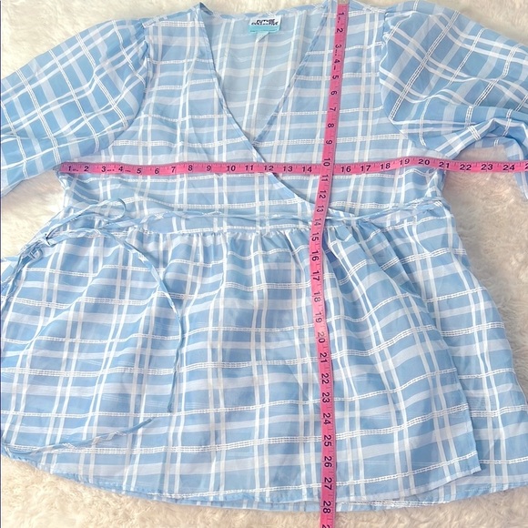 FUTURE COLLECTIVE Plaid Gingham SemiSheer Wrap Top Puff Sleeve L Waist Ties Blue - Picture 7 of 17